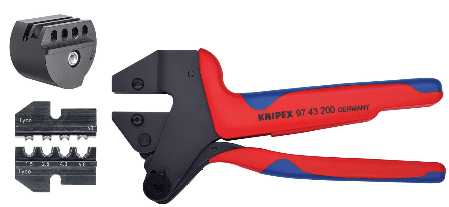 Knipex 9K 00 80 66 US Crimp System Pliers (97 43 200) + Crimp Die: Solar Connectors Solarlok (Tyco): 1 1/2/2 1/2/4.0/6.0 10/11/1 (97 49 68) + Locator For 97 49 68 (97 49 68 1) Packaged In A Protective Plastic Case - KNIPEX Tools