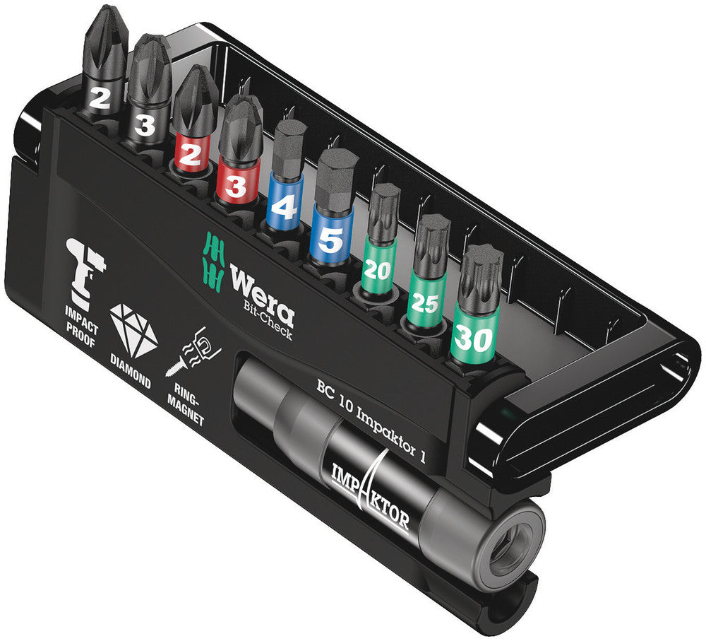 WERA 05073980001 BIT-CHECK 10 IMPAKTOR 1 SB 25MM BITS FOR PH/PZ/TX/HEX SCREWS