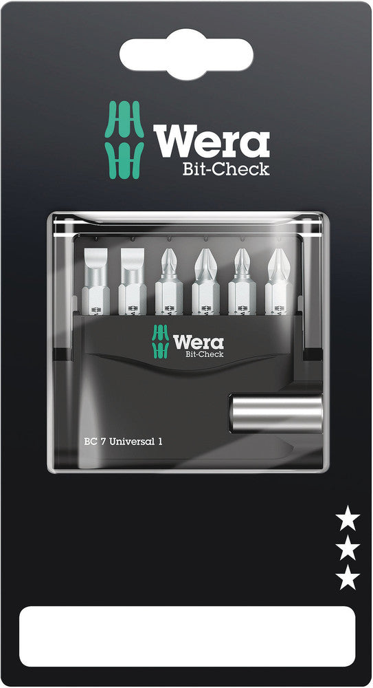 WERA 05073406001 BIT-CHECK 7 UNIVERSAL 1 SB 25MM BITS FOR SL/PH/PZ SCREWS