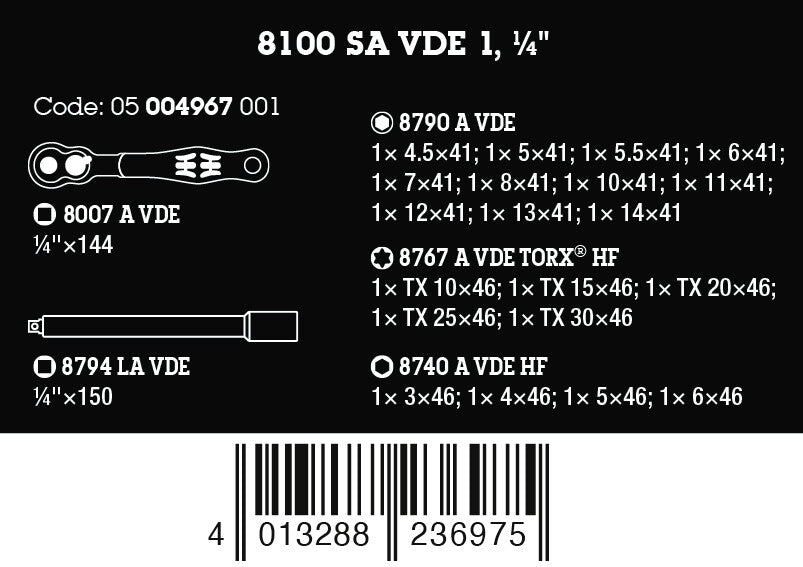 Wera 05004967001 8100 SA VDE 1 ZYKLOP RATCHET SET, INSULATED, REVERSING LEVER, 1/4" DRIVE, METRIC, 22 PIECES - image 2