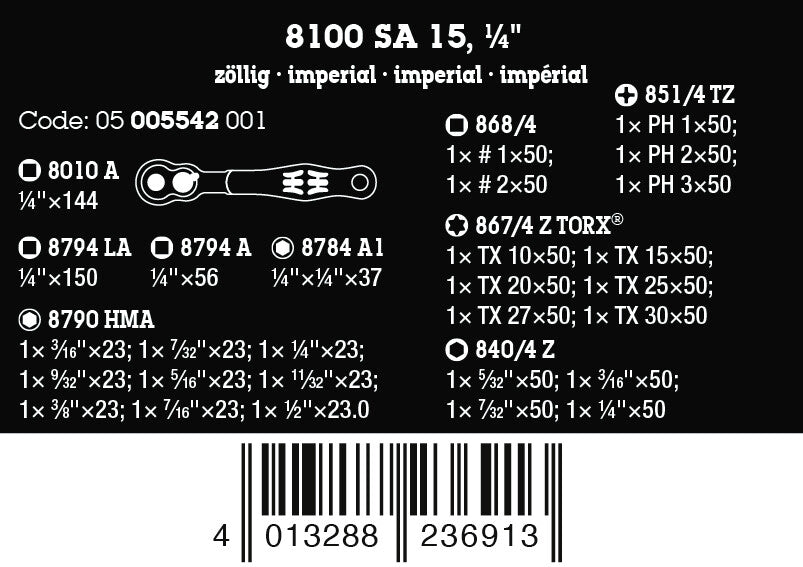 Wera 05005542001 8100 SA 15 ZYKLOP COMFORT RATCHET SET, REVERSING LEVER, 1/4" DRIVE, IMPERIAL, 28 PIECES - image 2
