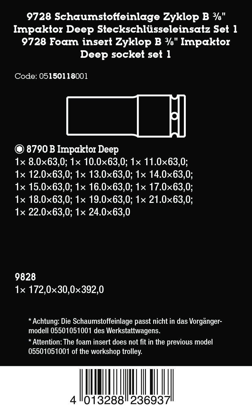 Wera 05150118001 9728 FOAM INSERT ZYKLOP B 3/8" IMPAKTOR DEEP SOCKET SET 1, 15 PIECES - image 2