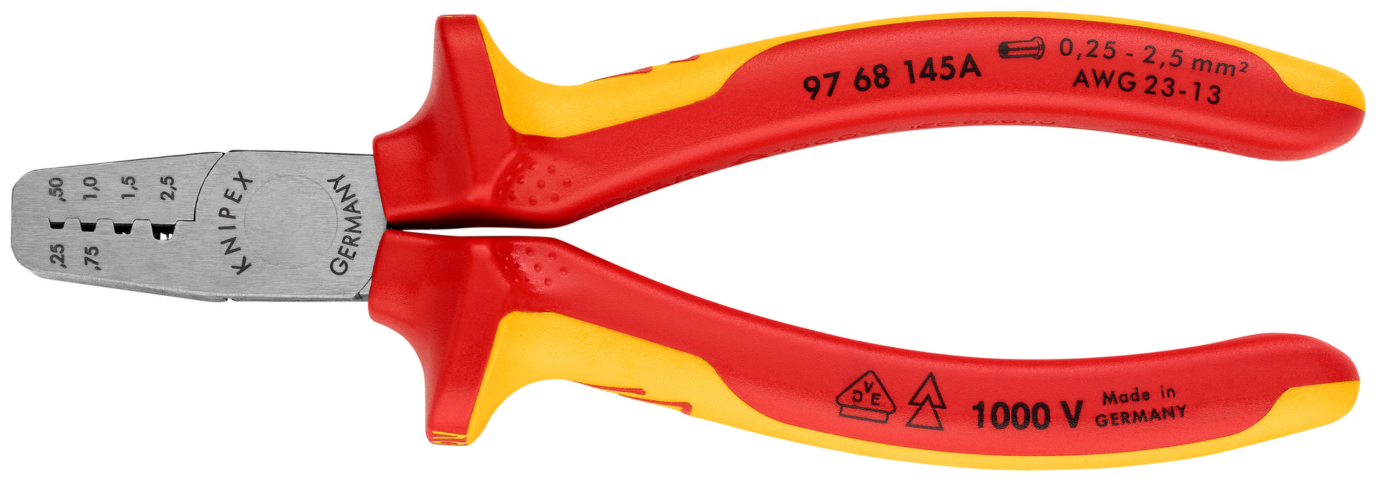 Knipex 97 68 145 A Crimping Pliers for Wire Ferrules-1000V Insulated - KNIPEX Tools