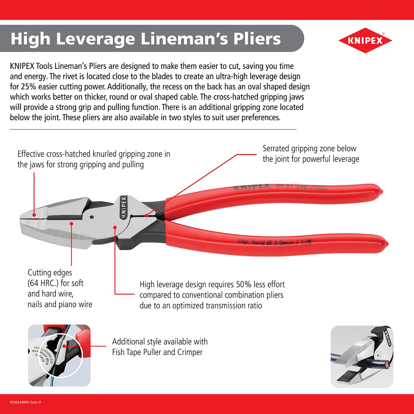 Knipex 09 08 240 US High Leverage Lineman's Pliers New England Head-1000V Insulated - image 2