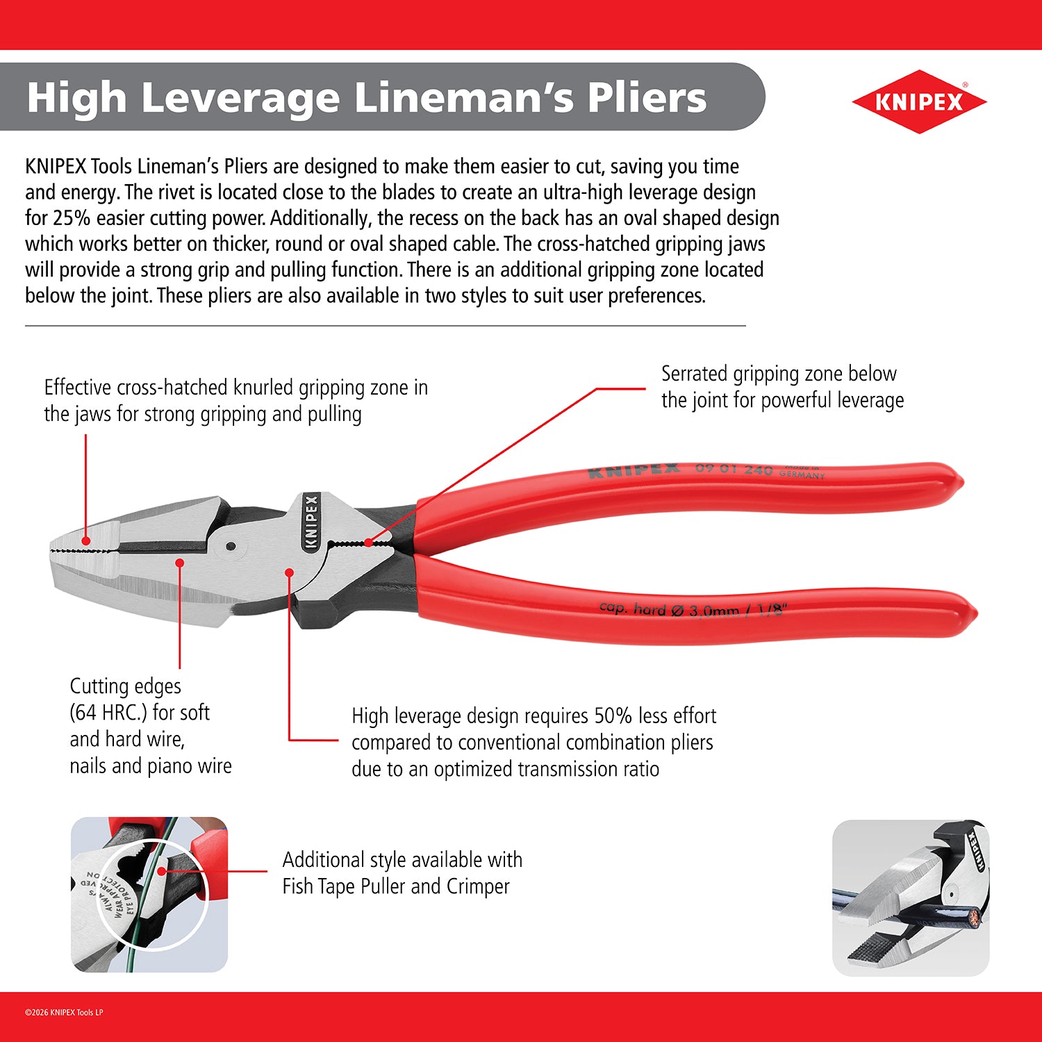 Knipex 09 12 240 SBA High Leverage Lineman's Pliers New England with Fish Tape Puller & Crimper - image 4