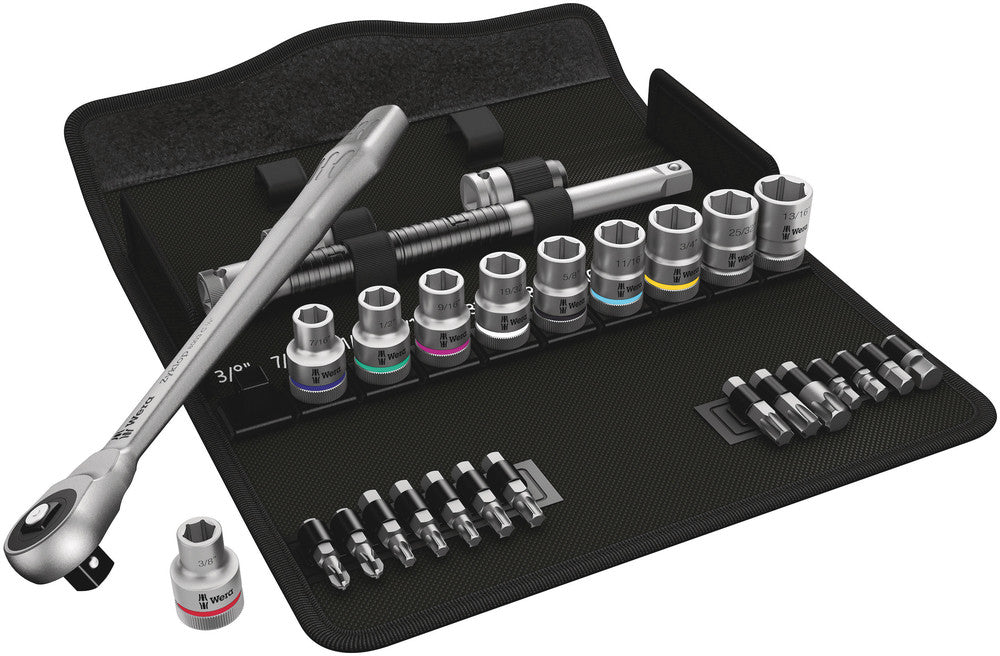 WERA 05004080001 8100 SC 10 ZYKLOP METAL RATCHET SET. IMPERIAL 1/2 25 PCS RATCHET SET PUSH-THROUGH SQUARE IMPERIAL