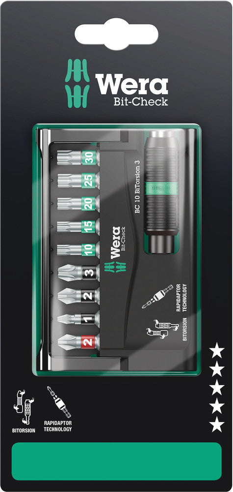 WERA 05073418001 BIT-CHECK 10 BITORSION 3 SB 25MM BITS FOR PH/PZ/TX SCREWS