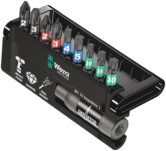 WERA 05073980001 BIT-CHECK 10 IMPAKTOR 1 SB 25MM BITS FOR PH/PZ/TX/HEX SCREWS