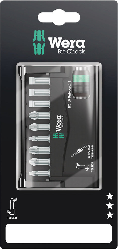 WERA 05073410001 BIT-CHECK 10 UNIVERSAL 3 SB 25MM BITS FOR PH/PZ/SL SCREWS