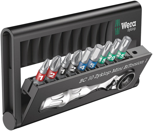 WERA 05057418001 BIT-CHECK 10 ZYKLOP MINI BITORSION 1 BITS ASSORTMENT WITH RATCHET
