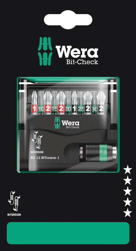 WERA 05136385001 BIT-CHECK 12 BITORSION 1 SB 25MM BITS FOR PH/PZ/TX SCREWS