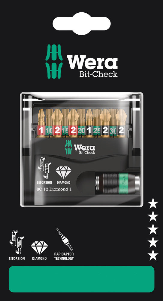WERA 05136392001 BIT-CHECK 12 DIAMOND 1 SB 25MM BITS FOR PH/PZ/TX SCREWS