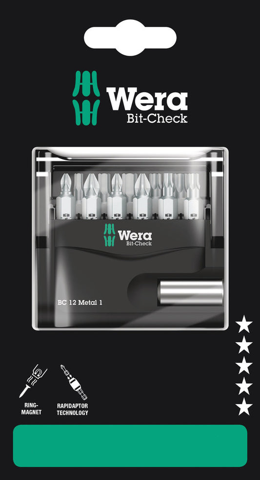 WERA 05136393001 BIT-CHECK 12 METAL 1 SB 25MM BITS FOR PH/PZ/TX/HEX SCREWS