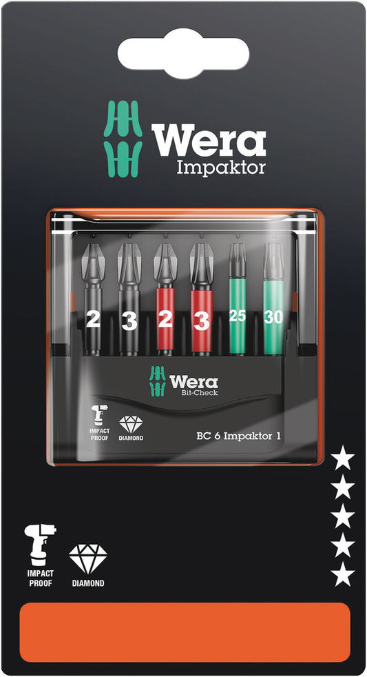 WERA 05073890001 BIT-CHECK 6 IMPAKTOR 1 SB 50MM BITS FOR PH/PZ/TX SCREWS