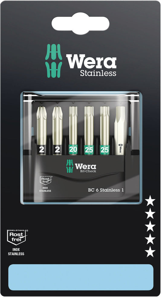 WERA 05073634001 BIT-CHECK 6 STAINLESS 1 SB 50MM BITS FOR PZ/TX/HEX SCREWS