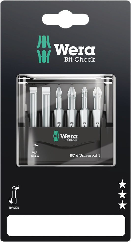 WERA 05073635001 BIT-CHECK 6 UNIVERSAL 1 SB 50MM BITS FOR SL/PH/PZ SCREWS