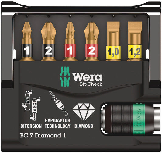 WERA 05073419001 BIT-CHECK 7 DIAMOND 1 SB 25MM BITS FOR PH/PZ/SL SCREWS