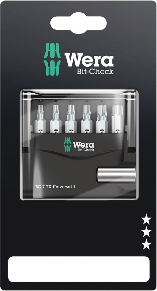 WERA 05073404001 BIT-CHECK 7 TX UNIVERSAL 1 SB 25MM BITS FOR TORX SCREWS