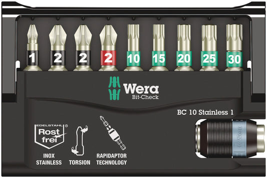 WERA 05073630001 BIT-CHECK 10 STAINLESS 1 SB 25MM BITS FOR PH/PZ/TX SCREWS